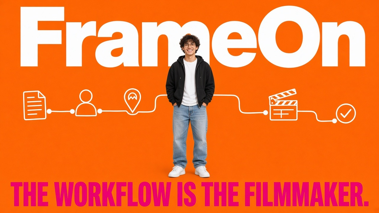 A filmmaker standing at the centre of a connected pipeline of story, character, location, shot and review stages, lit in hot pink and electric blue