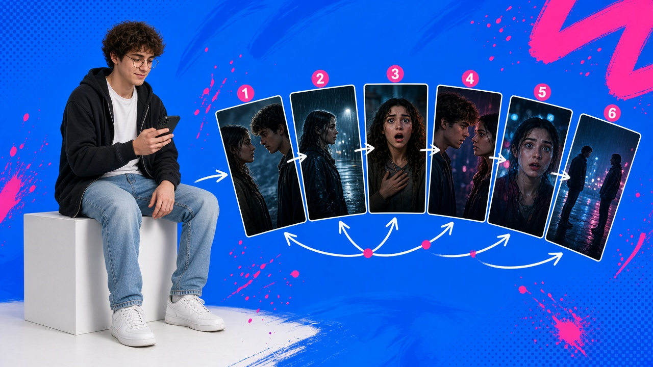 A wall of index cards mapping a short-form drama season, each card a vertical frame thumbnail, with a red thread linking cliffhanger moments across episodes