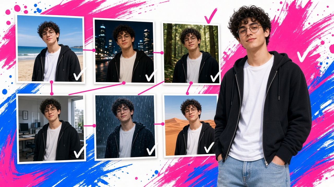 A character turnaround sheet with five views of the same actor pinned beside a monitor showing that face in a rain-lit close-up, a wide street shot and a moody interior