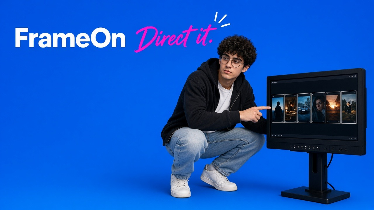 A filmmaker at a monitor reviewing a row of storyboard frames, from wide establishing shot to close-up reaction, under hot pink and electric blue light